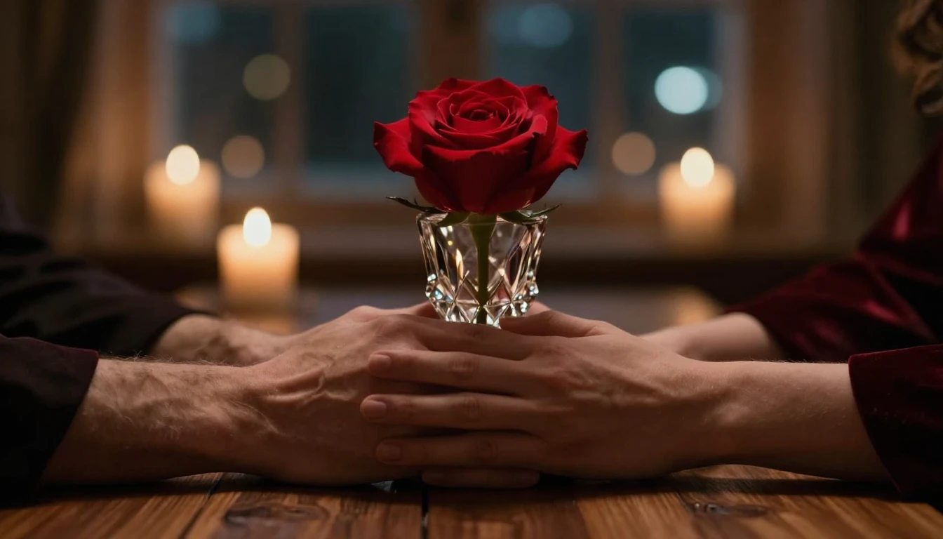 A cinematic close-up shot of two hands gently holding each o...