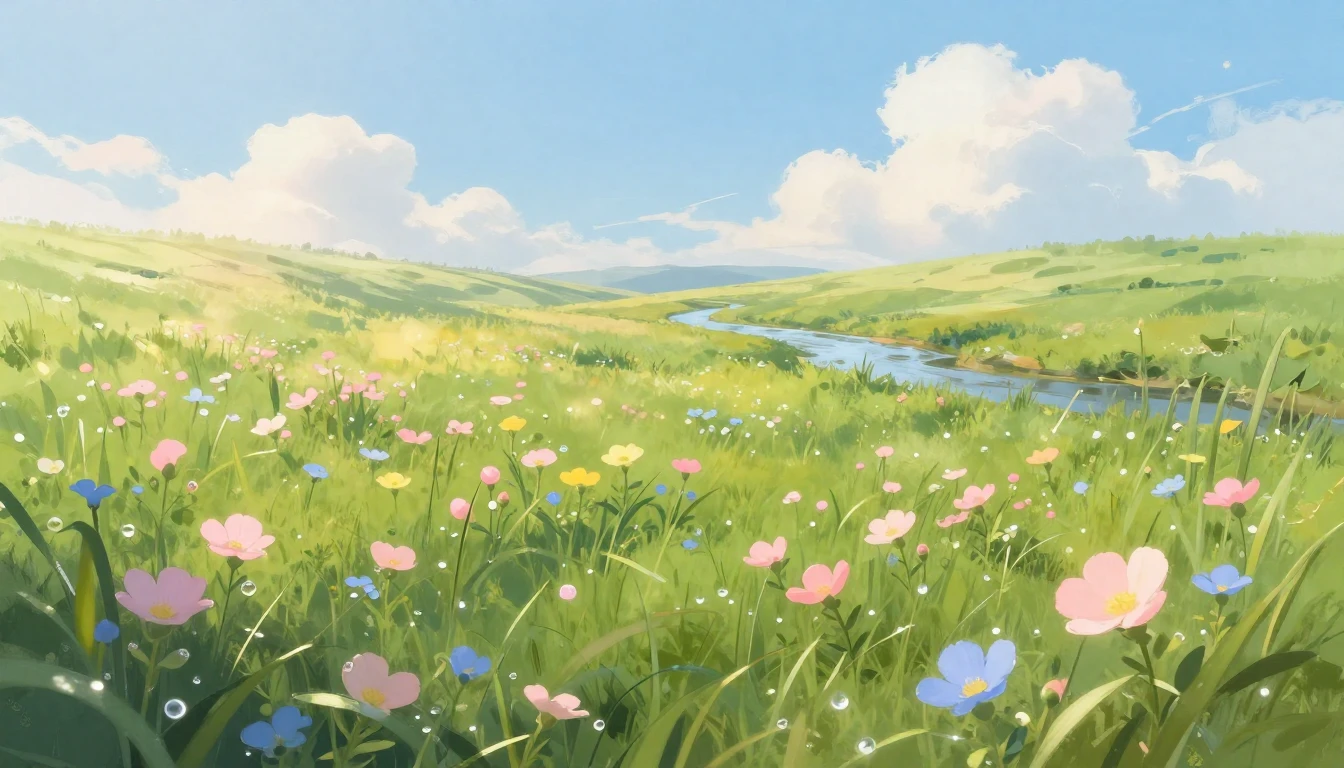 A serene spring landscape featuring a lush green meadow fill...