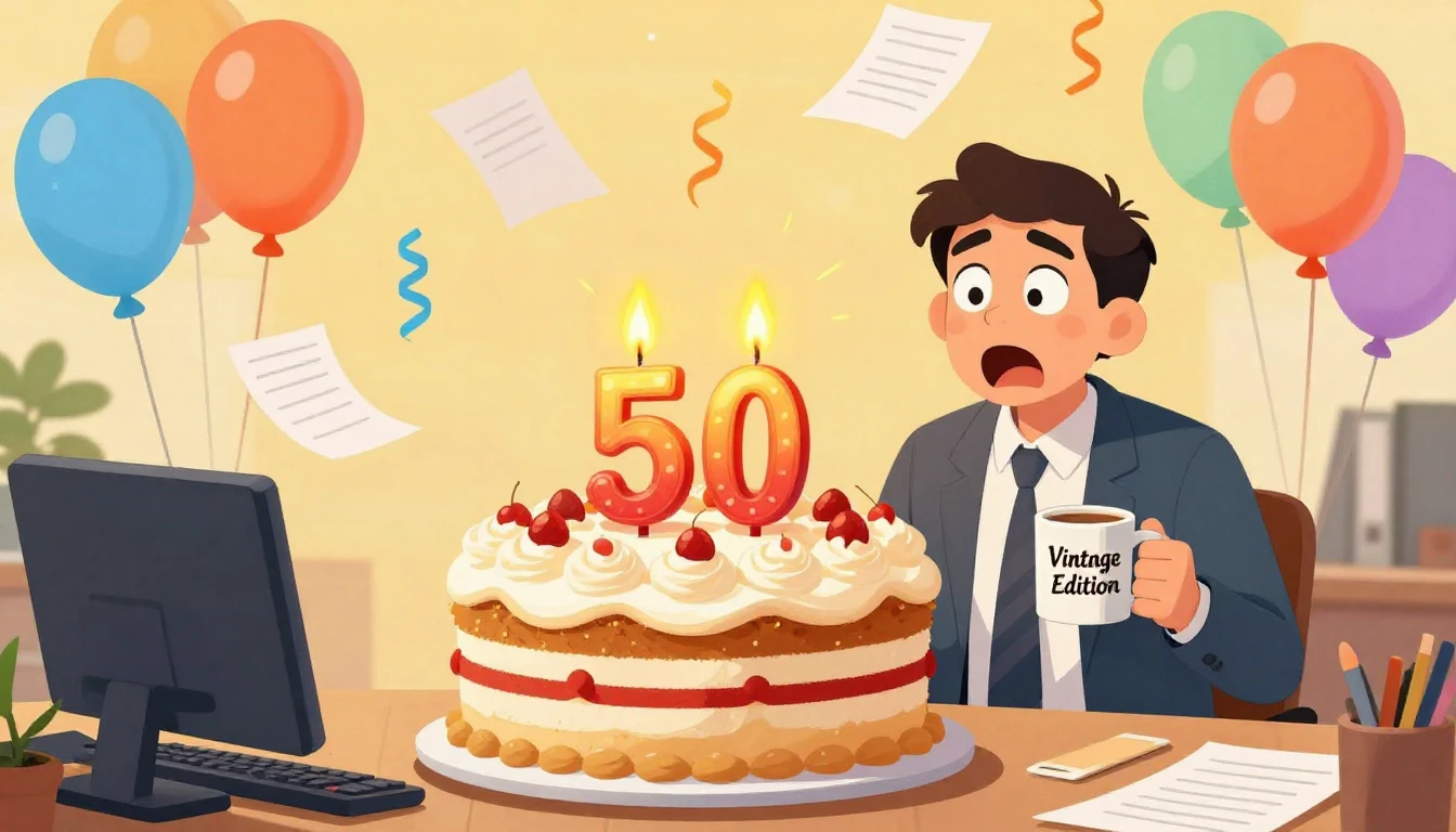 A vibrant and funny cartoon illustration of an office birthd...