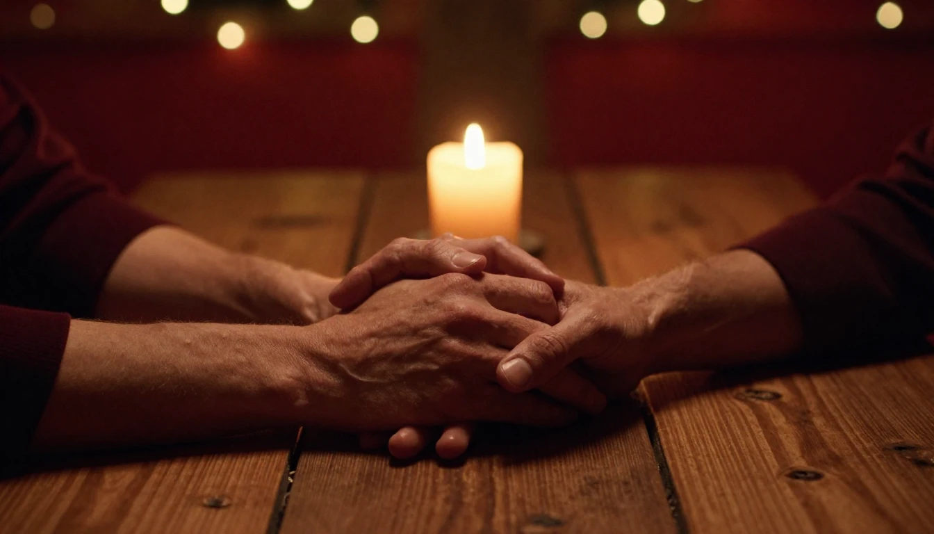 A cinematic close-up shot of a couple holding hands across a...