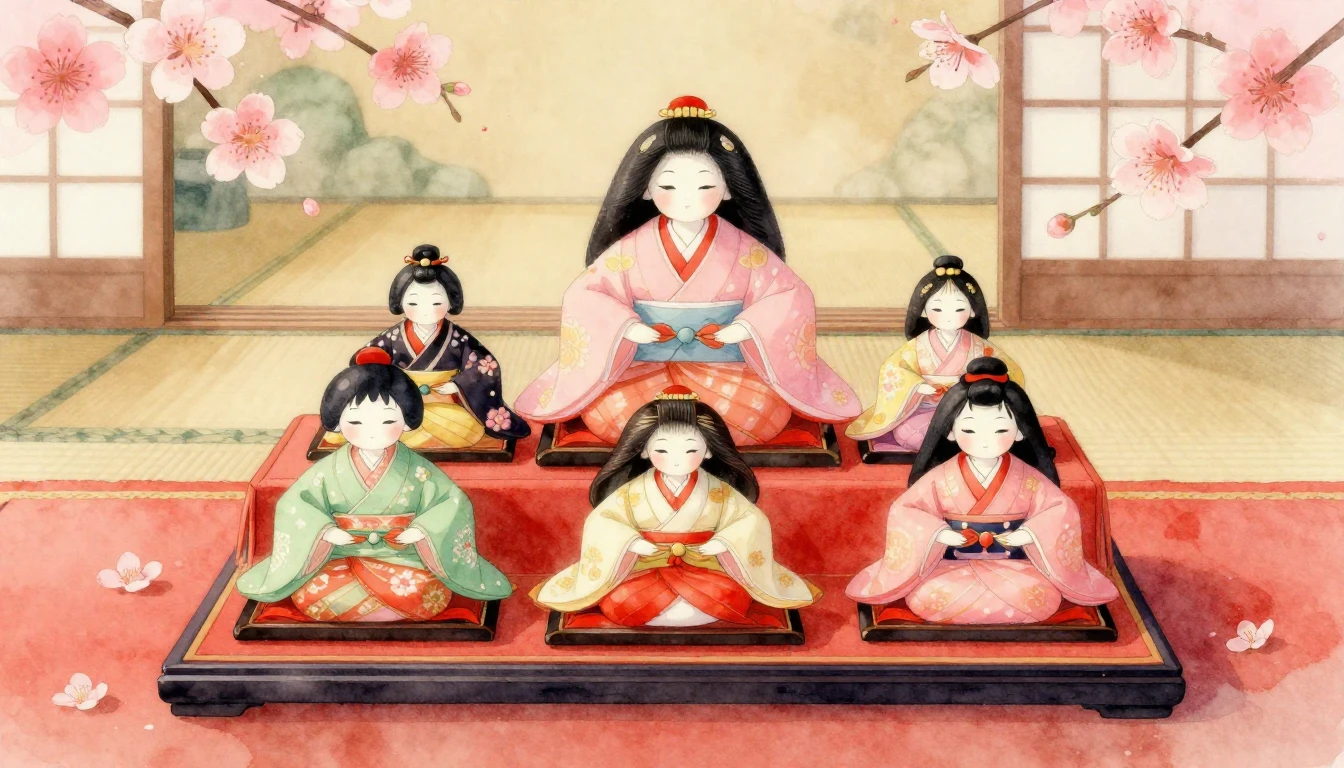 A beautiful watercolor illustration of traditional Hina doll...