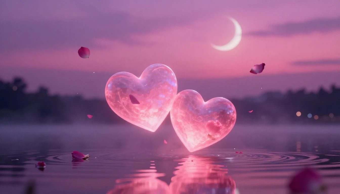 A breathtaking scene of two glowing, ethereal hearts floatin...