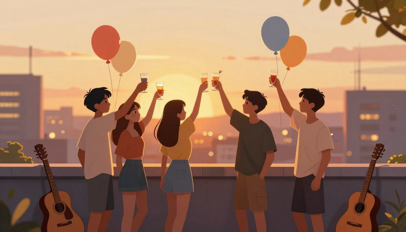 A heartwarming digital illustration of a group of friends ce...