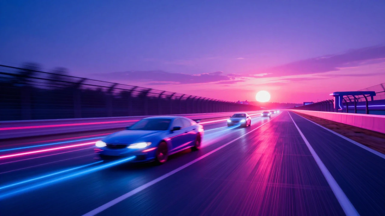 A high-speed perspective of a glowing neon racetrack stretch...