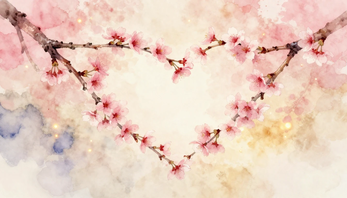 A delicate watercolor painting of two intertwined cherry blo...