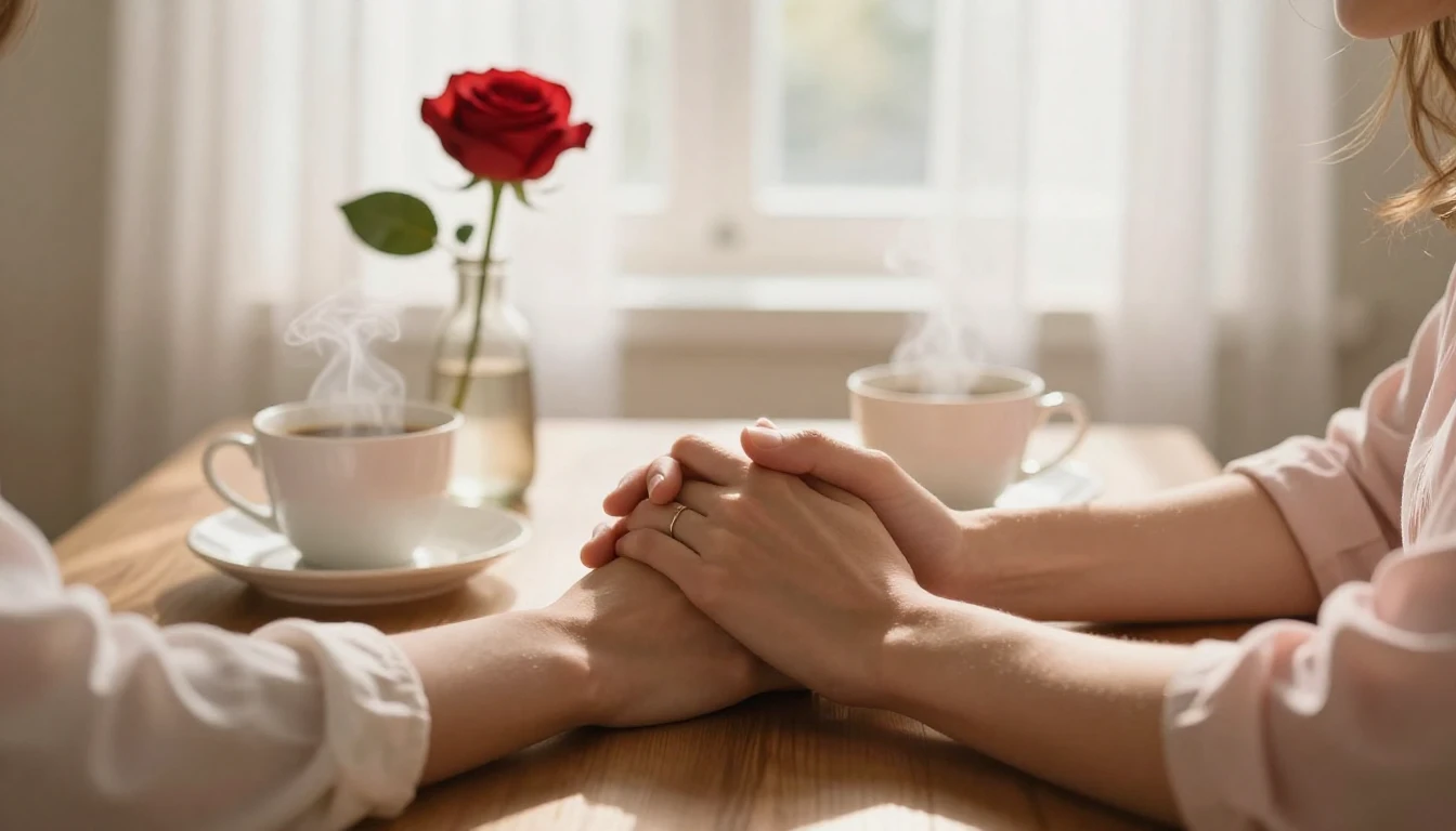 A warm and romantic close-up scene of a couple holding hands...