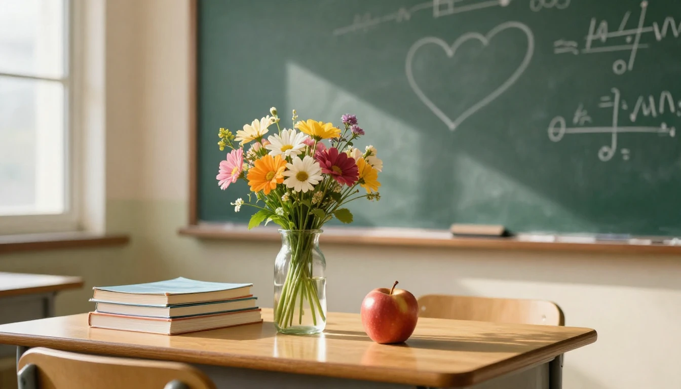 A heartwarming close-up composition on a wooden teacher's de...