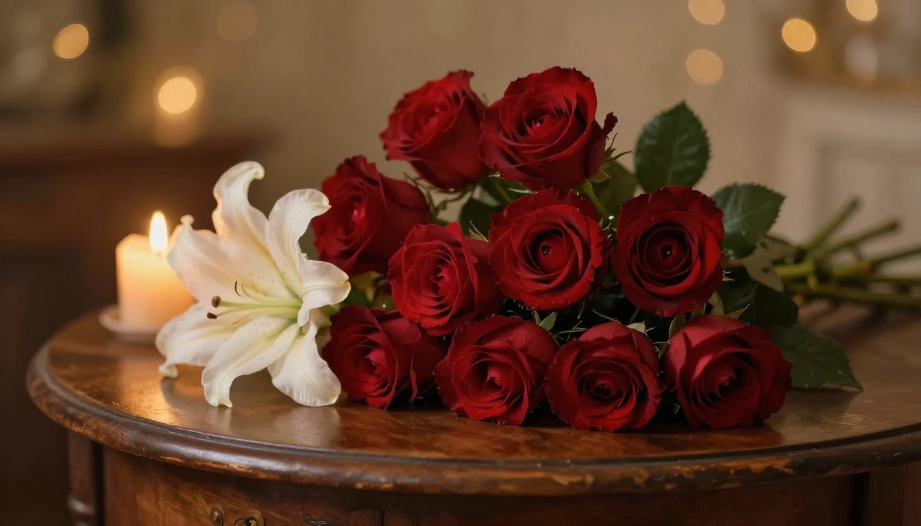 A lush, romantic scene featuring a bouquet of deep red roses...
