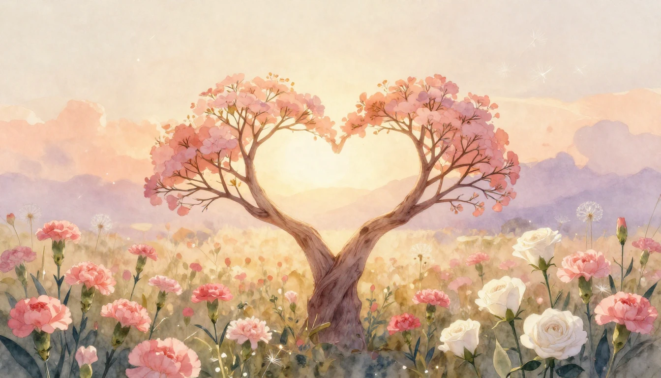 A soft watercolor painting depicting a warm, golden sunrise ...