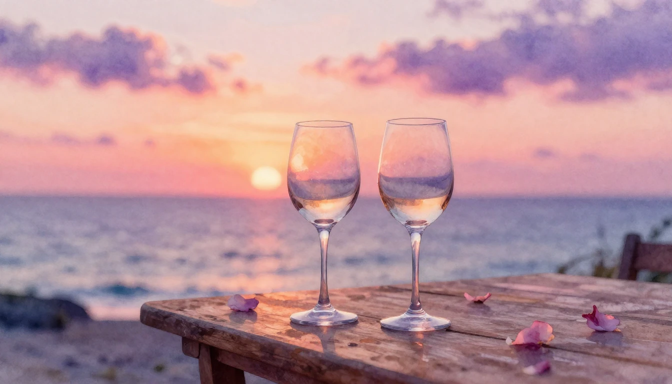 A soft watercolor painting of two elegant wine glasses sitti...