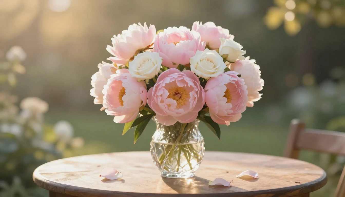 A beautiful bouquet of soft pink peonies and white roses in ...