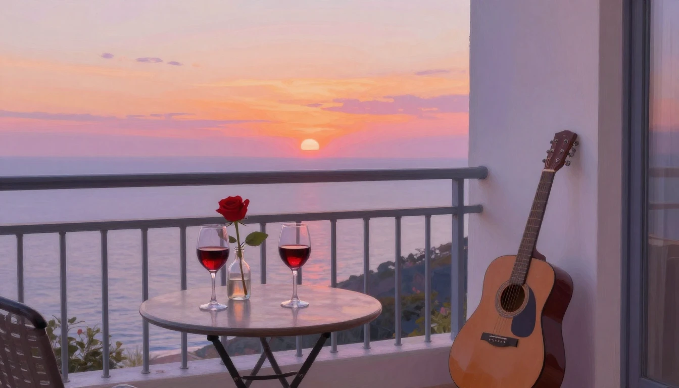 A romantic and cozy scene on a balcony at sunset overlooking...