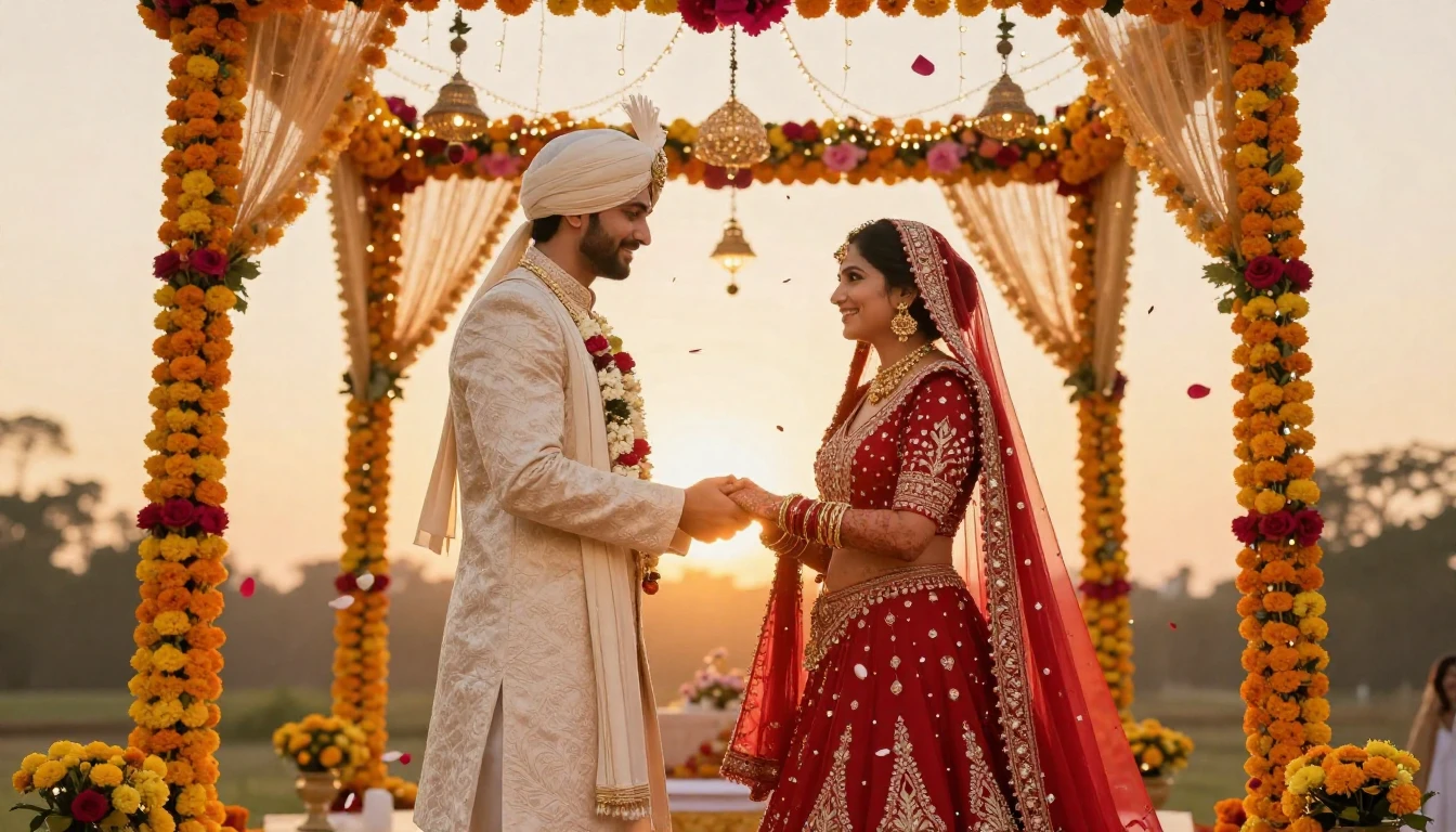 A vibrant digital artwork depicting a newlywed Indian couple...