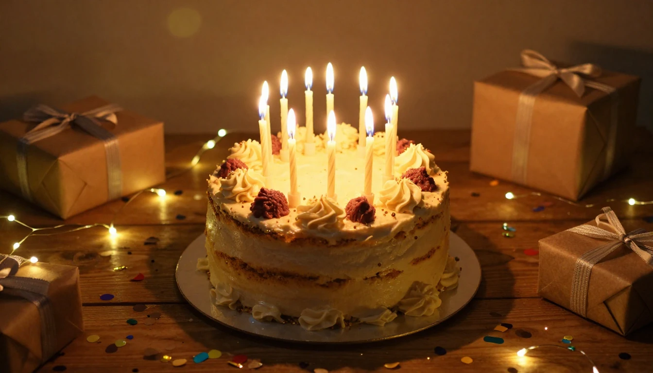 A beautifully decorated birthday cake with glowing candles o...