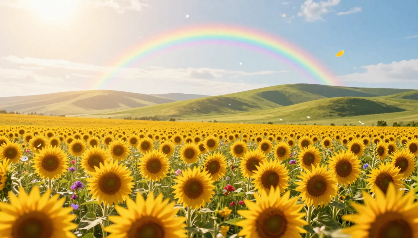 A breathtaking sun-drenched landscape featuring a vast field...