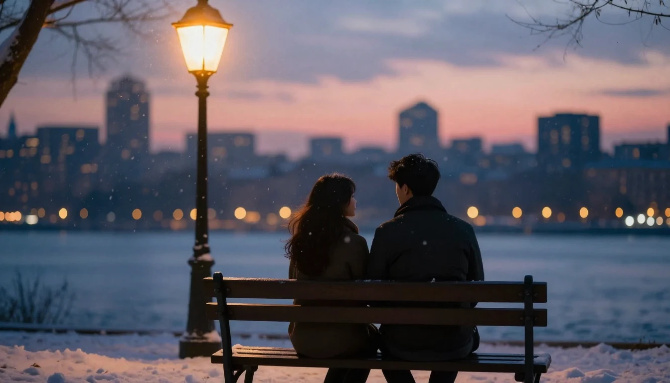 A romantic, soft composition showing two silhouettes sitting...