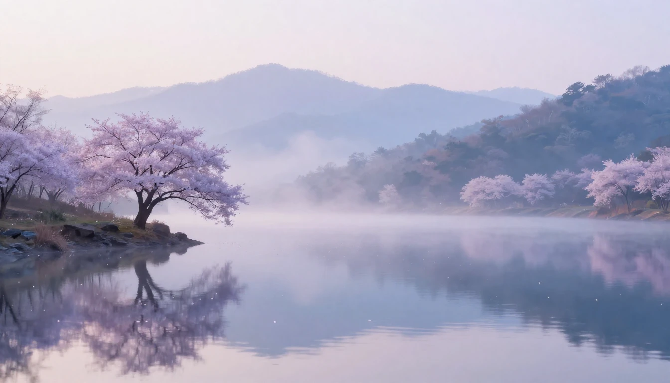 A tranquil landscape featuring a still mountain lake at dawn...
