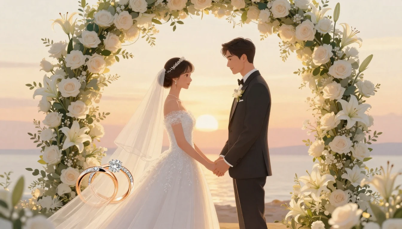 A romantic and elegant illustration of a bride and groom hol...