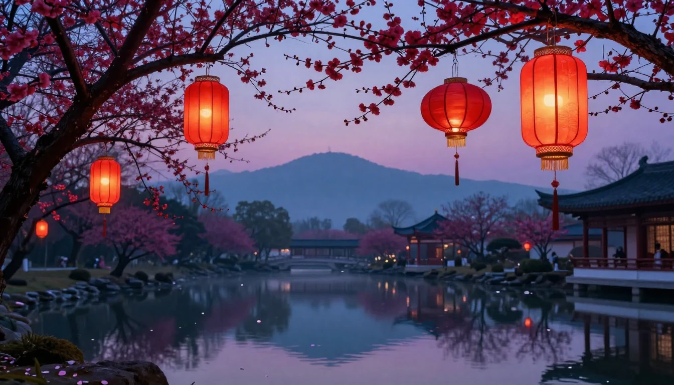 A serene landscape of a traditional East Asian garden at dus...