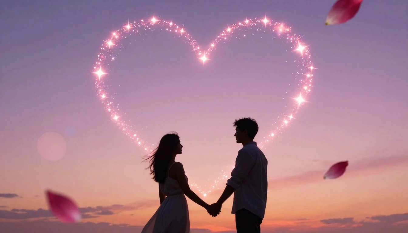 A romantic and dreamy scene featuring two silhouettes of a c...