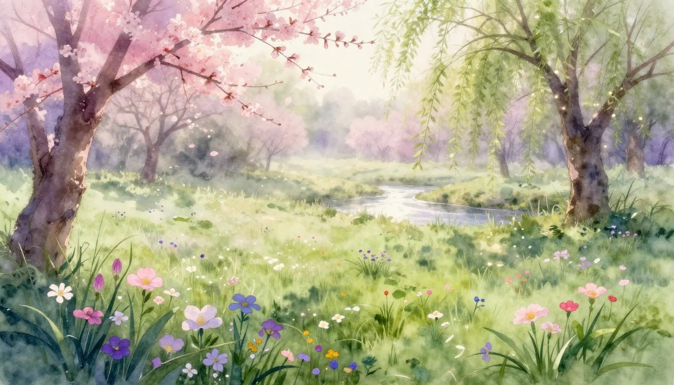 A beautiful watercolor painting of a lush meadow at dawn dur...