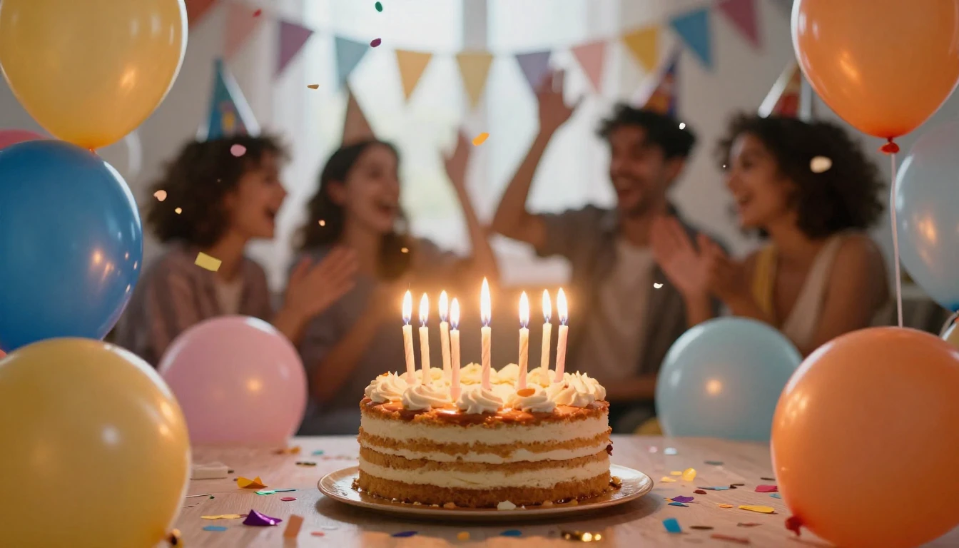 A vibrant and festive birthday scene, a delicious cake with ...