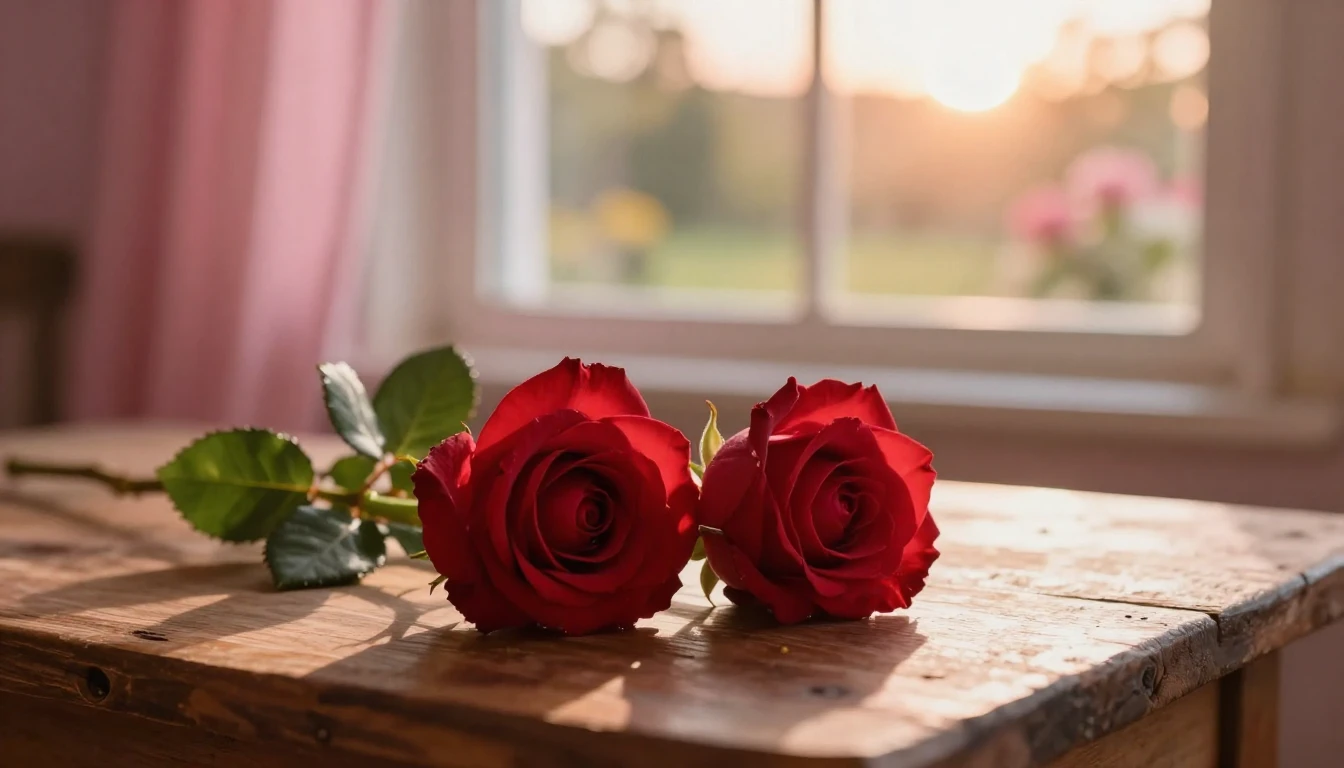 A romantic and dreamy scene featuring two intertwined red ro...