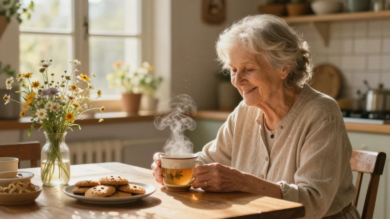 A warm, heartwarming scene depicting an elderly kind grandmo...