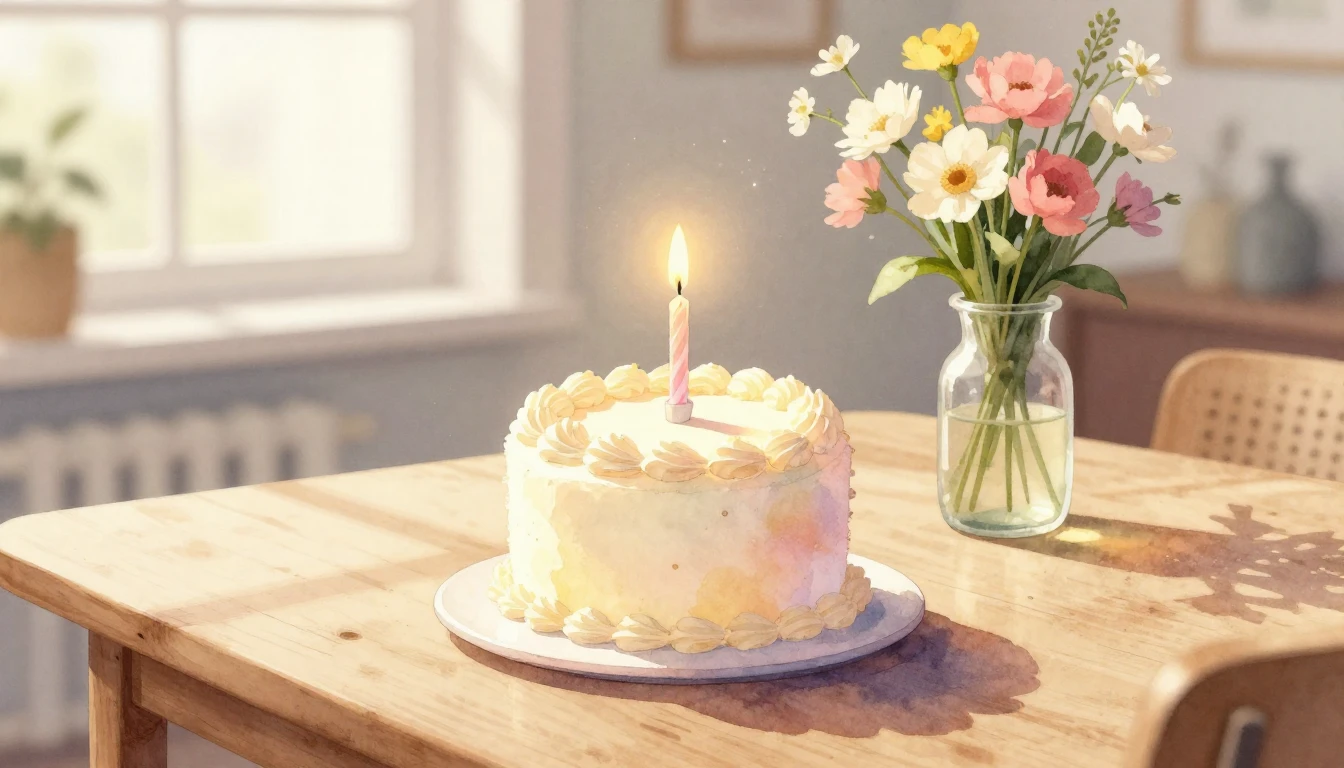 A beautiful watercolor painting of a small, elegant birthday...