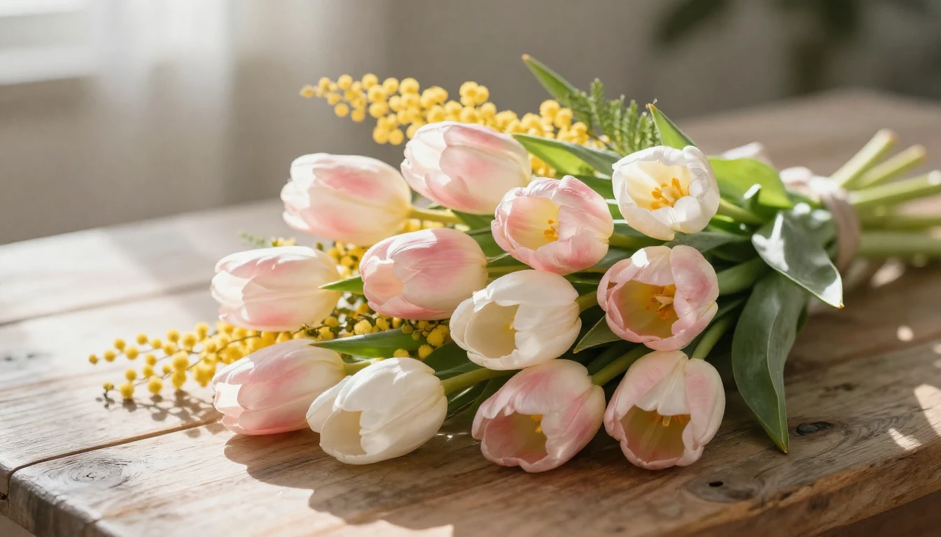 A beautiful spring bouquet of tulips and mimosa flowers rest...