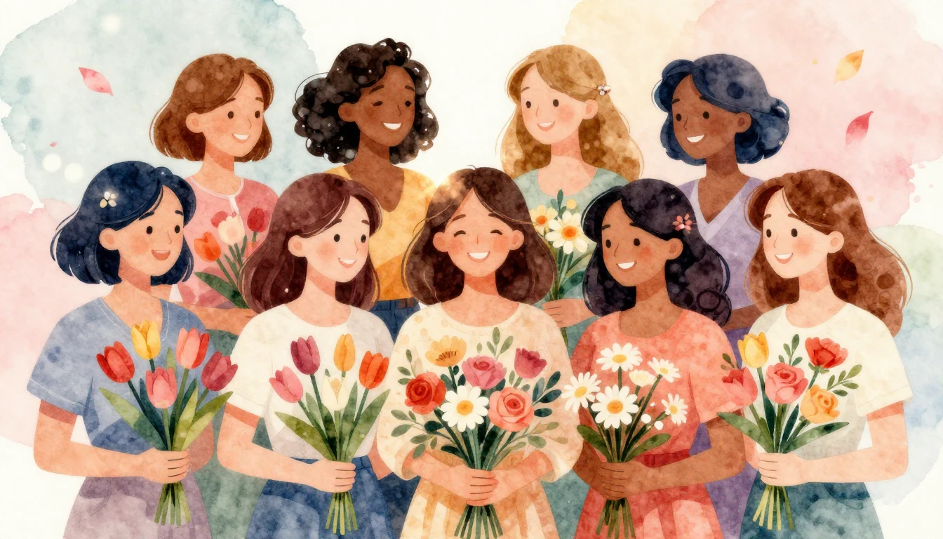 A beautiful, vibrant watercolor illustration celebrating wom...