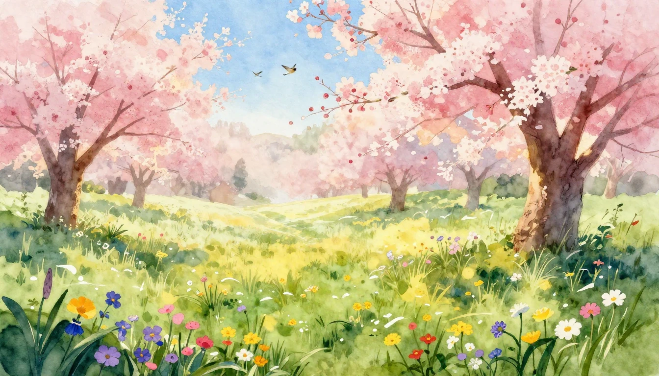 A vibrant watercolor painting of a lush meadow at dawn. Cher...