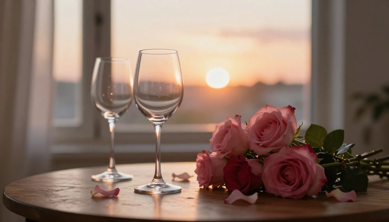 A dreamy and romantic scene featuring two elegant wine glass...