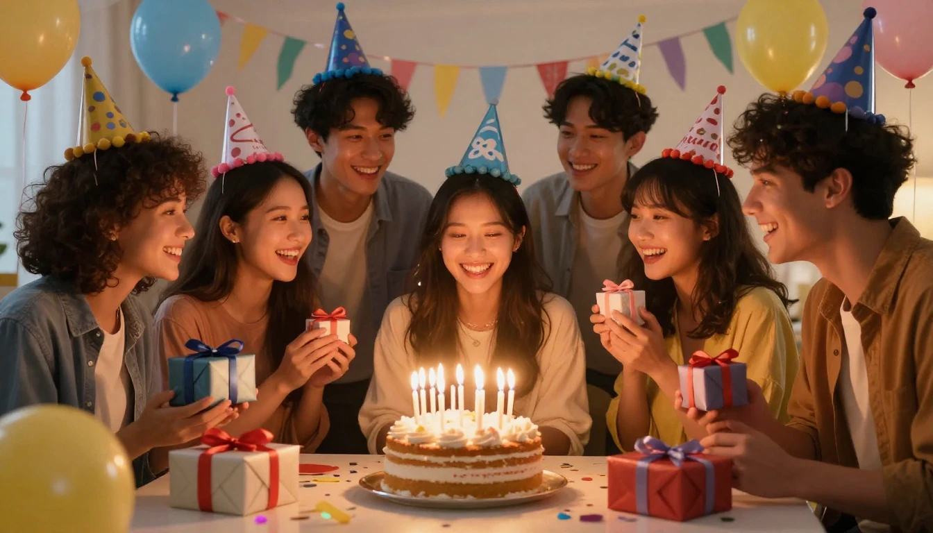 A joyful birthday celebration scene with a group of friends....