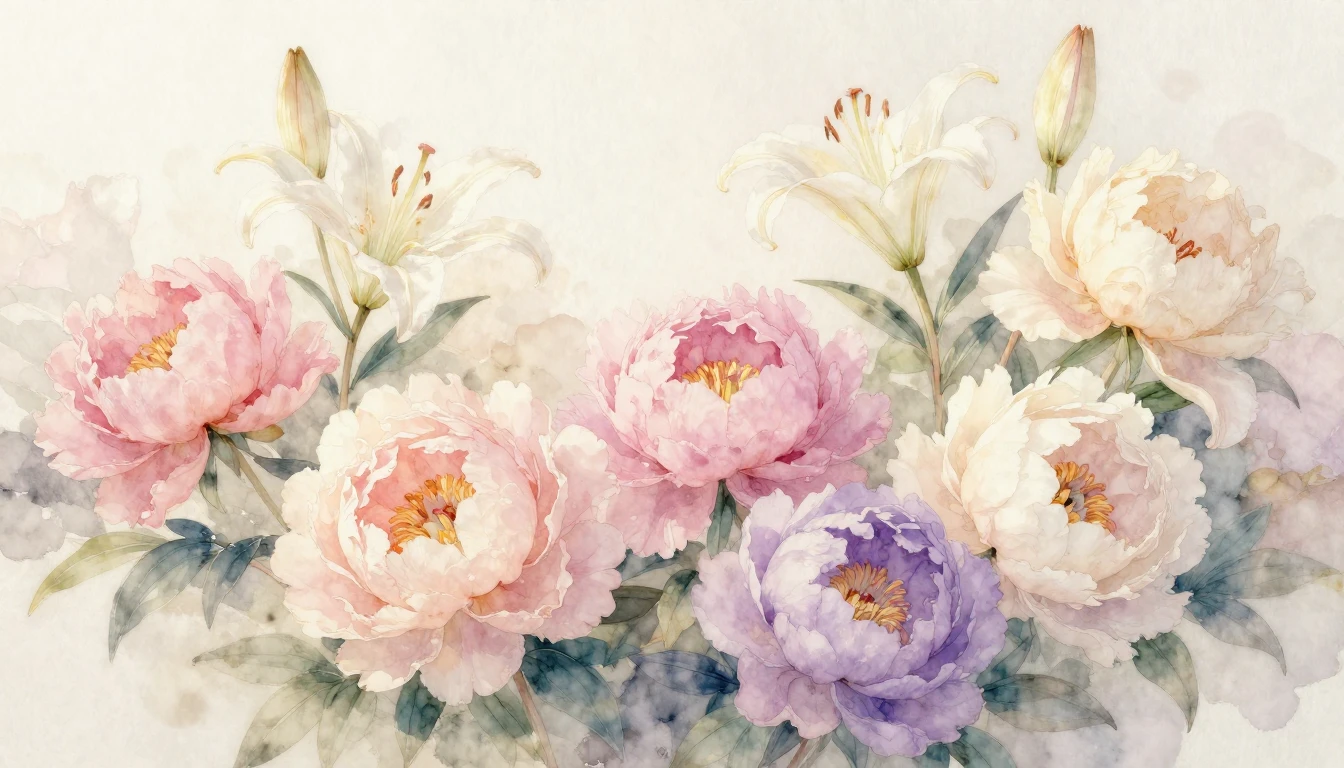 A delicate watercolor painting of blooming peonies and lilie...
