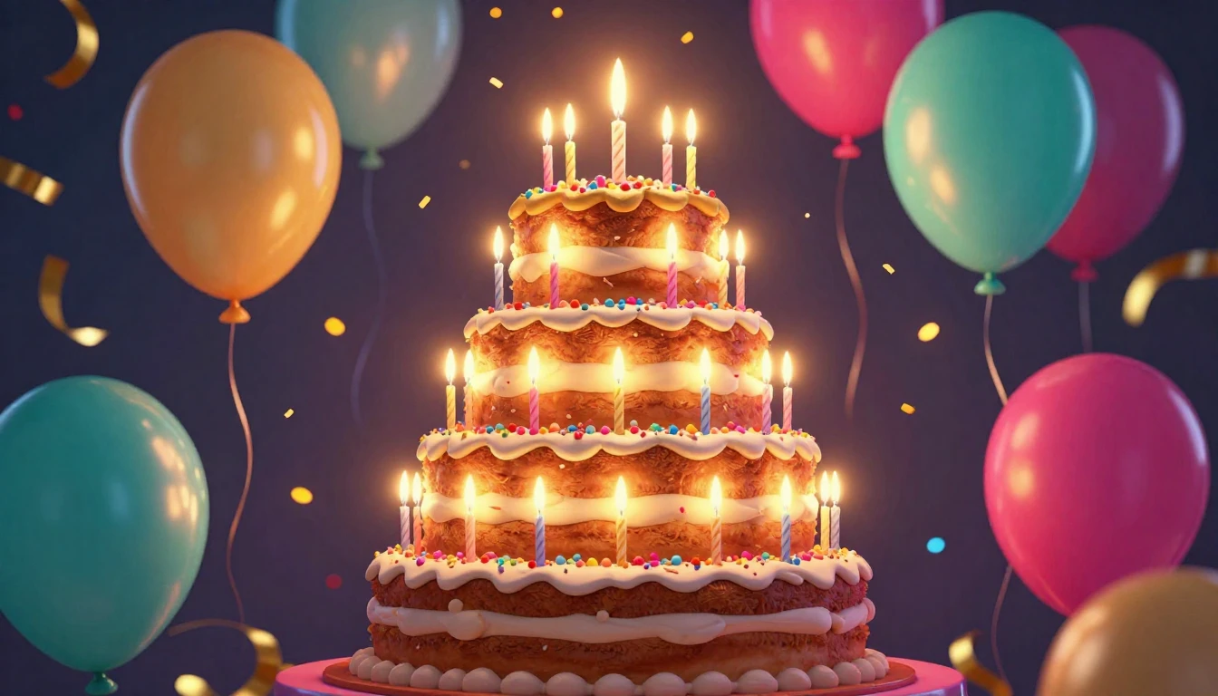 A festive and colorful scene featuring a large, multi-tiered...