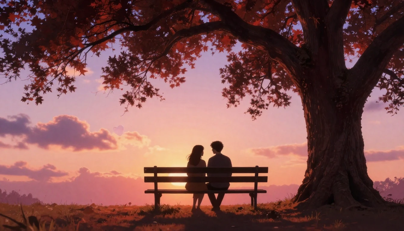 A romantic and dreamy scene featuring two silhouettes sittin...