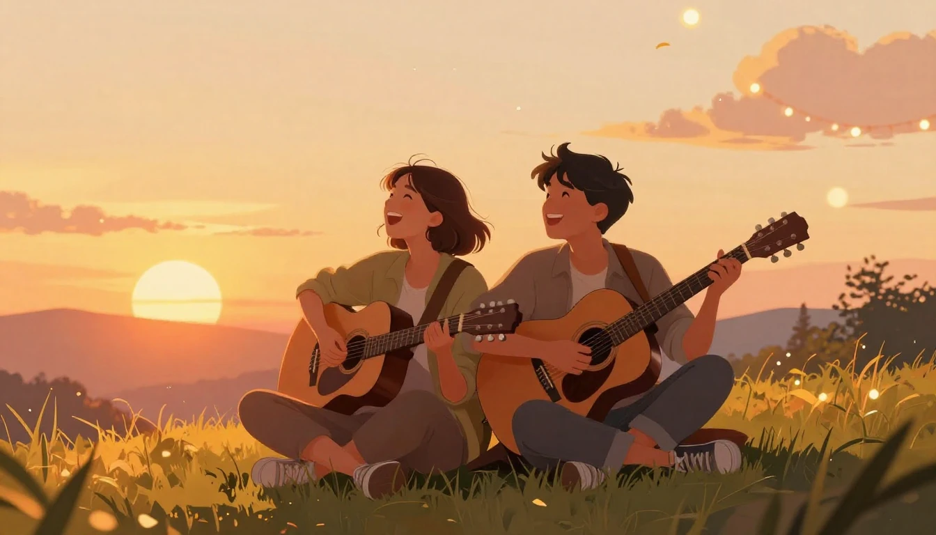A heartwarming digital illustration of two friends sitting s...