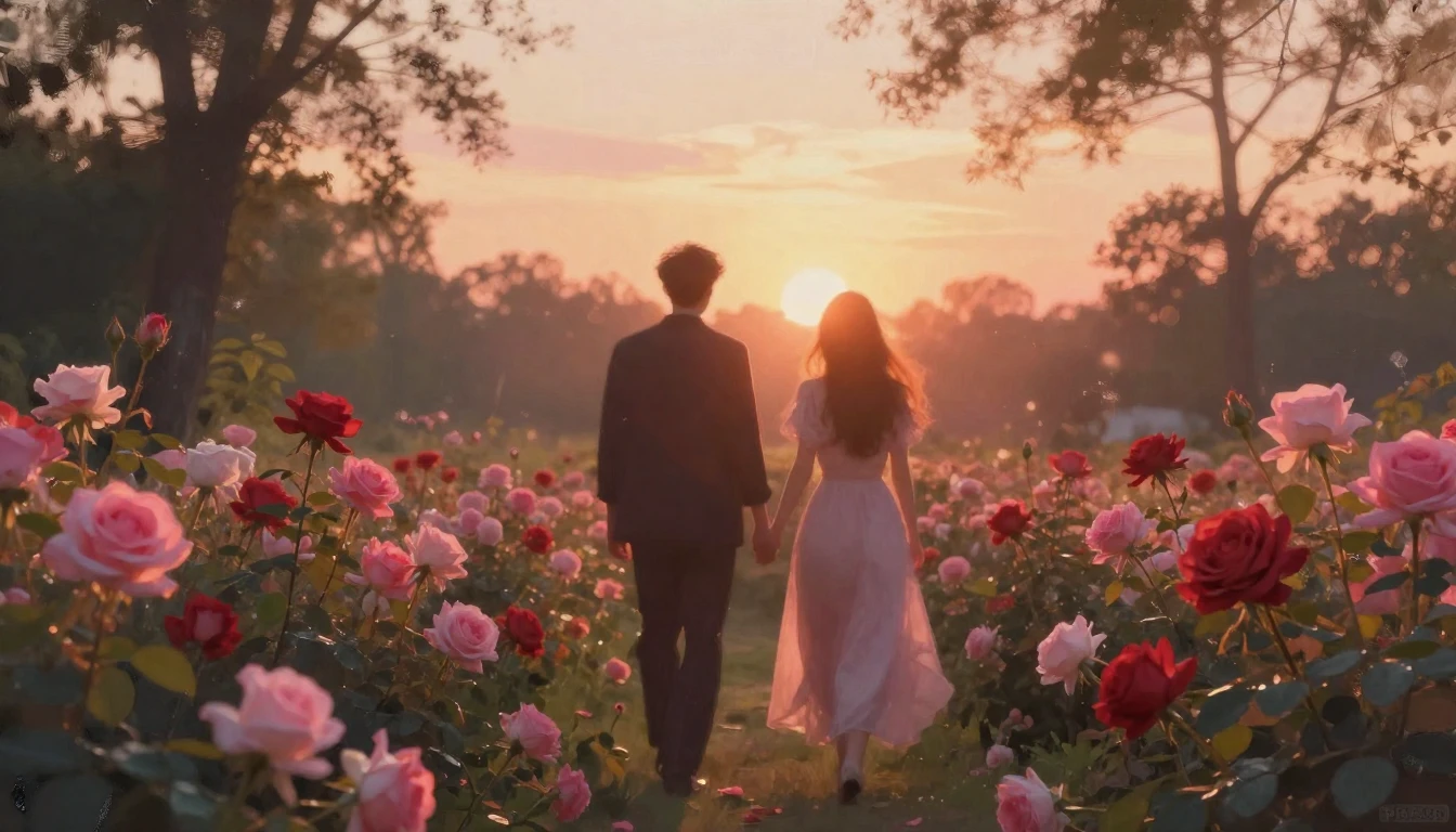 A dreamy and ethereal scene of two silhouettes walking throu...