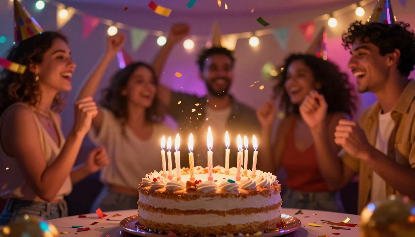 A vibrant and colorful birthday celebration scene, focusing ...