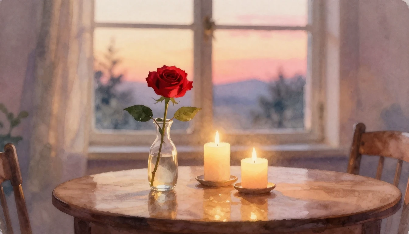 A dreamy watercolor painting of a romantic evening setting. ...