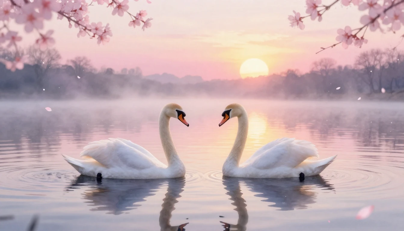 A dreamy watercolor painting of two elegant swans gliding on...