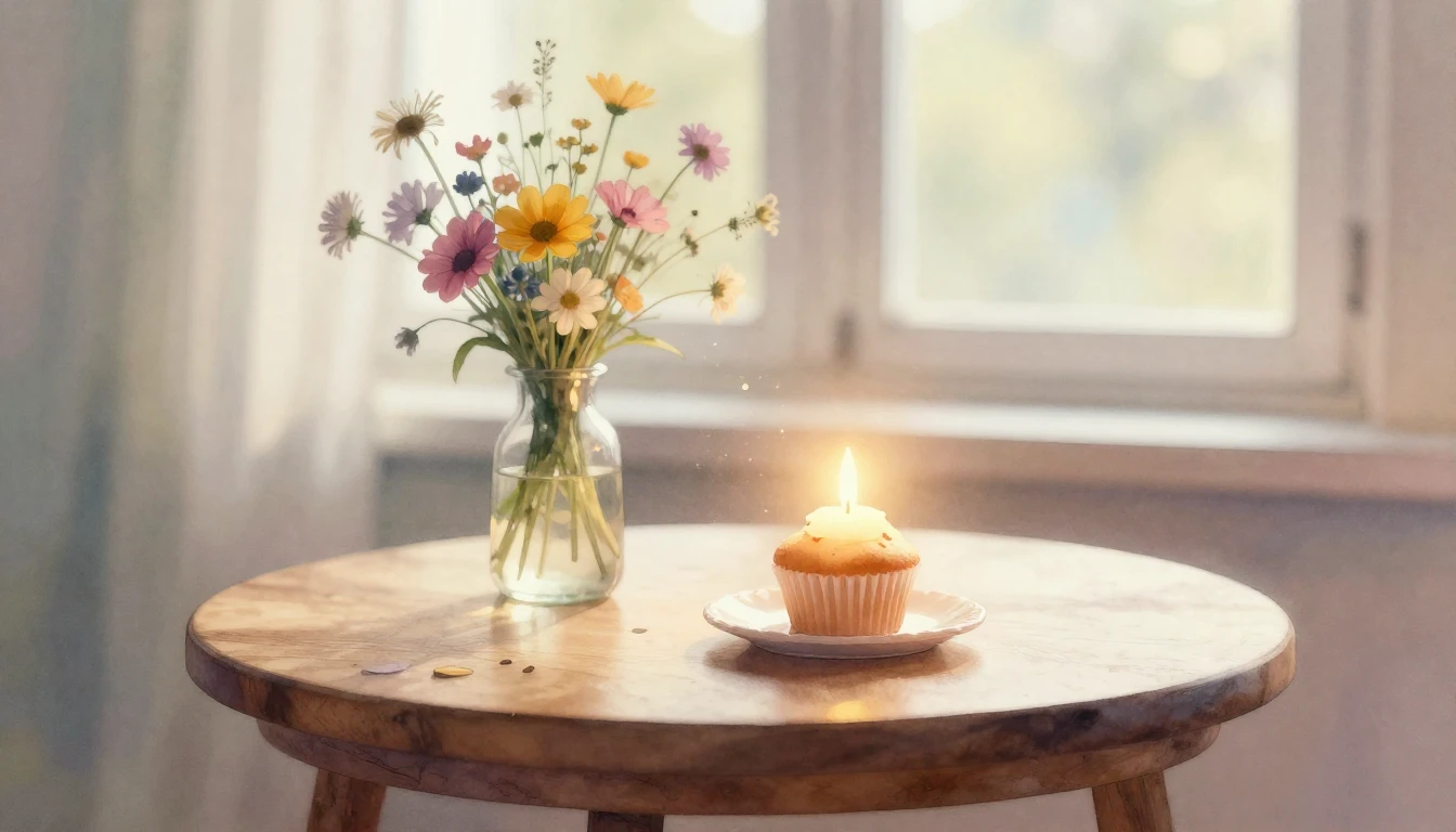 A serene and warm scene of a small wooden table decorated wi...