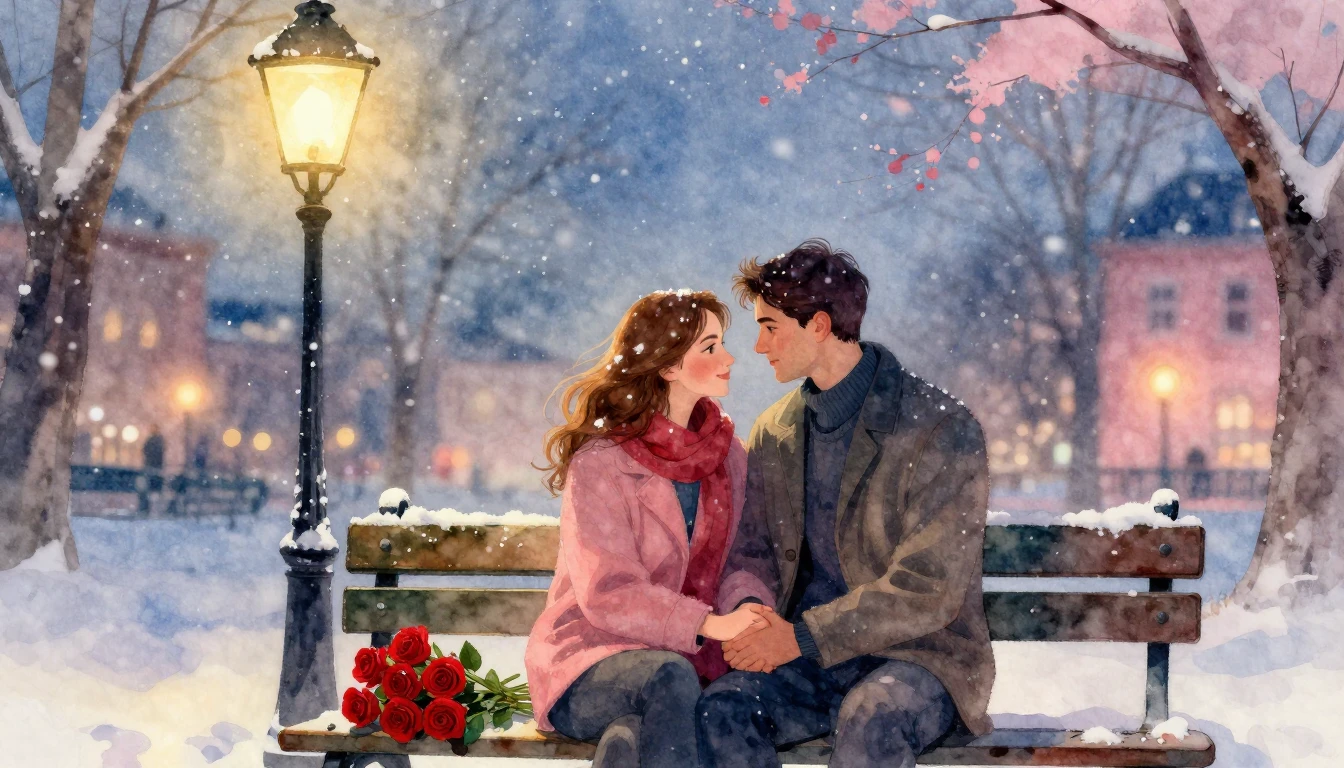 A romantic watercolor painting of a loving couple sitting on...