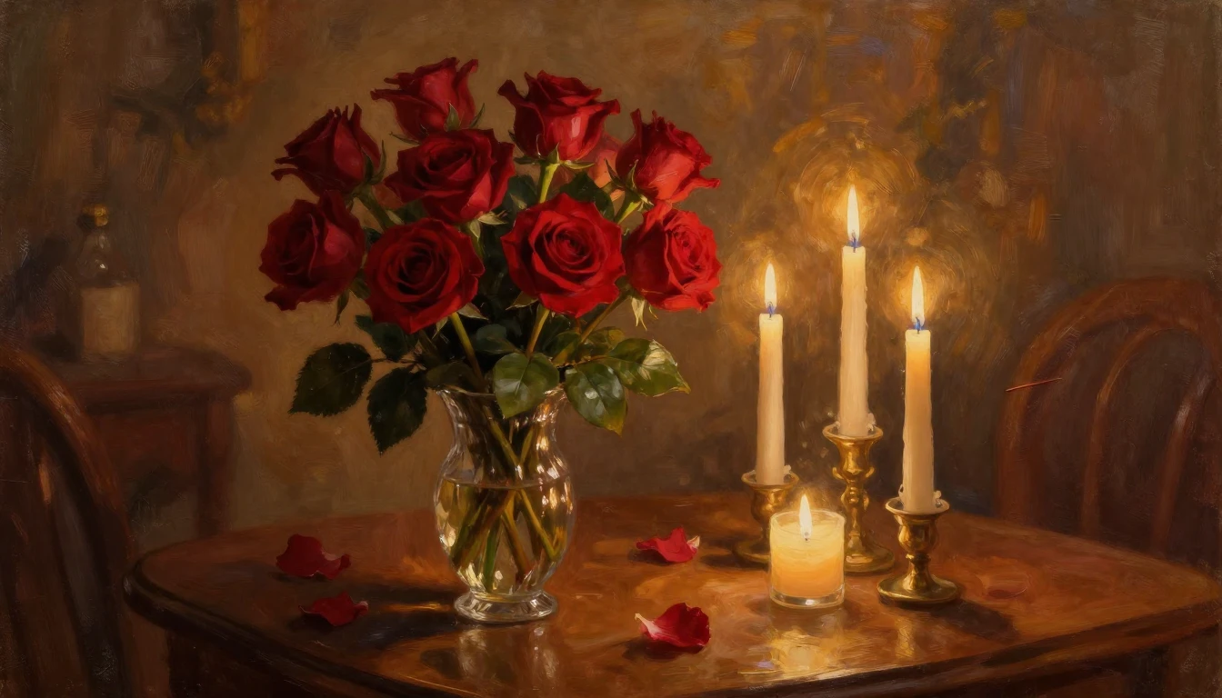 An exquisite oil painting of a romantic candlelit setting. A...