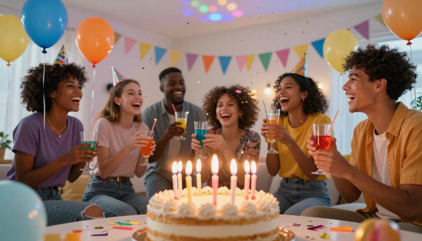 A vibrant and cheerful birthday party scene inside a modern ...