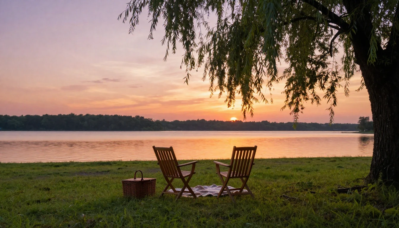 A serene outdoor scene during a golden hour sunset. Two empt...