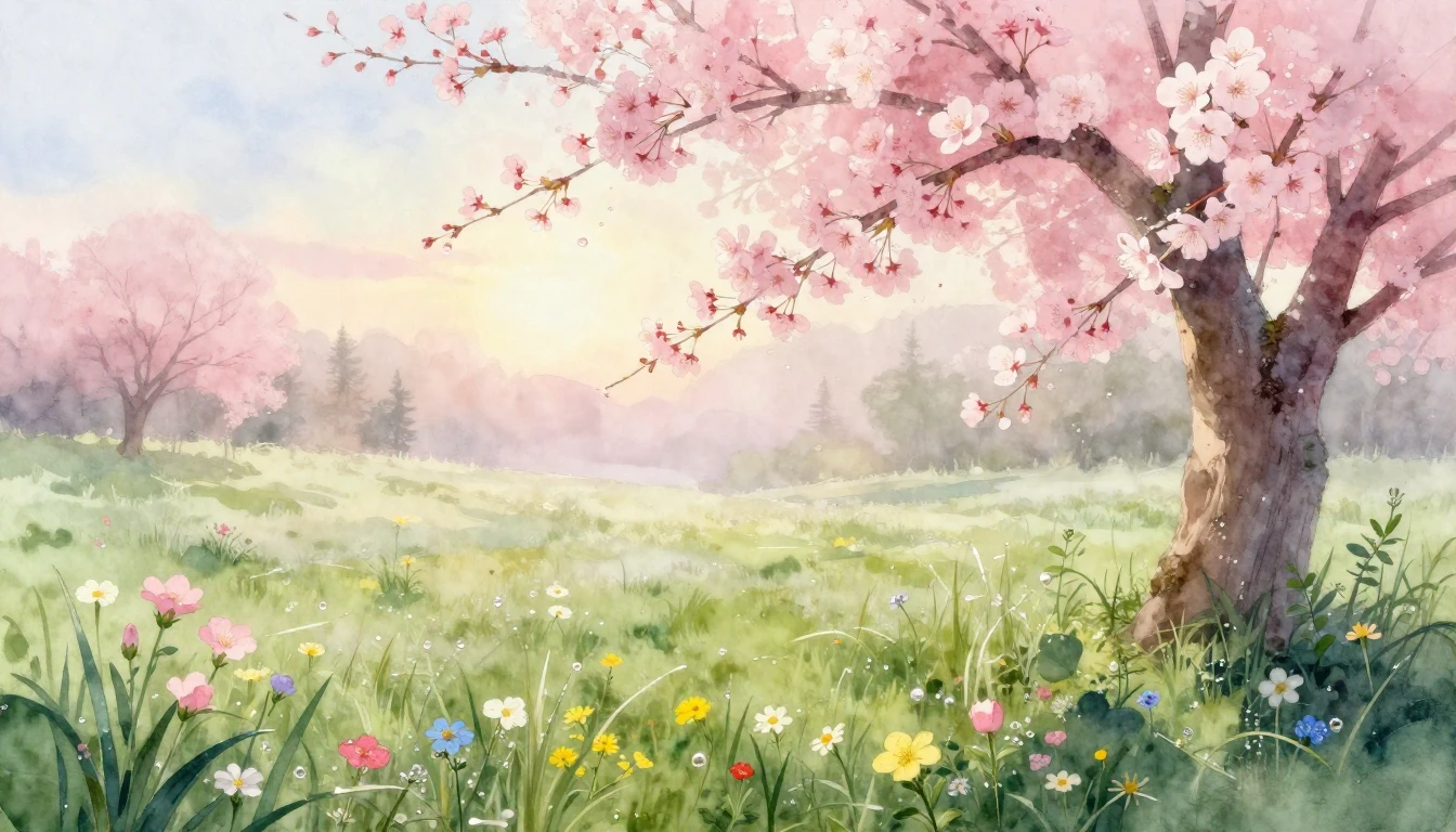 A breathtaking watercolor painting of a lush meadow at dawn....