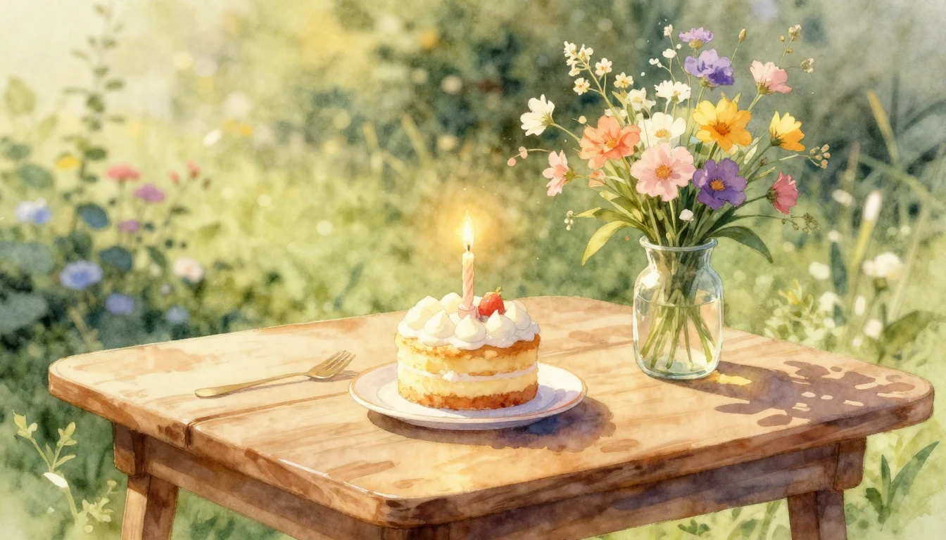 A beautiful watercolor painting of a cozy wooden table bathe...