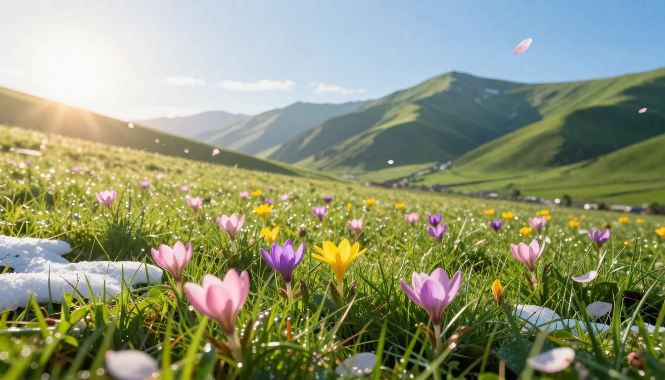 A breathtaking wide shot of a sun-drenched alpine meadow at ...